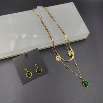 Nuovo orecchino in acciaio inossidabile in colore oro, collana, bracciale con pietra verde per donna